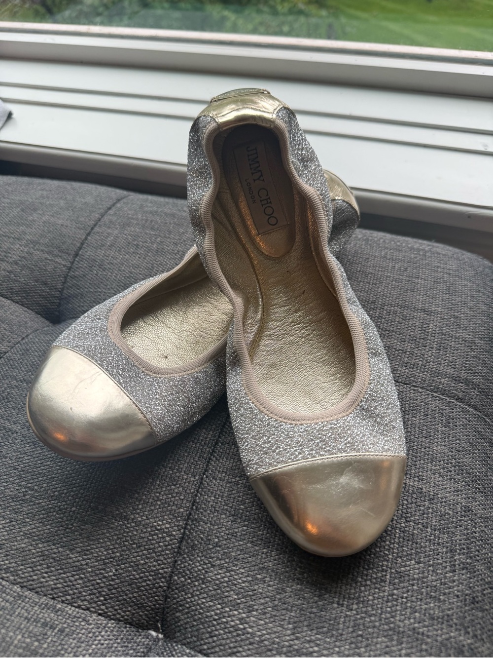 Jimmy Choo Silver Glitter Flats with Metallic Gold Cap Toe